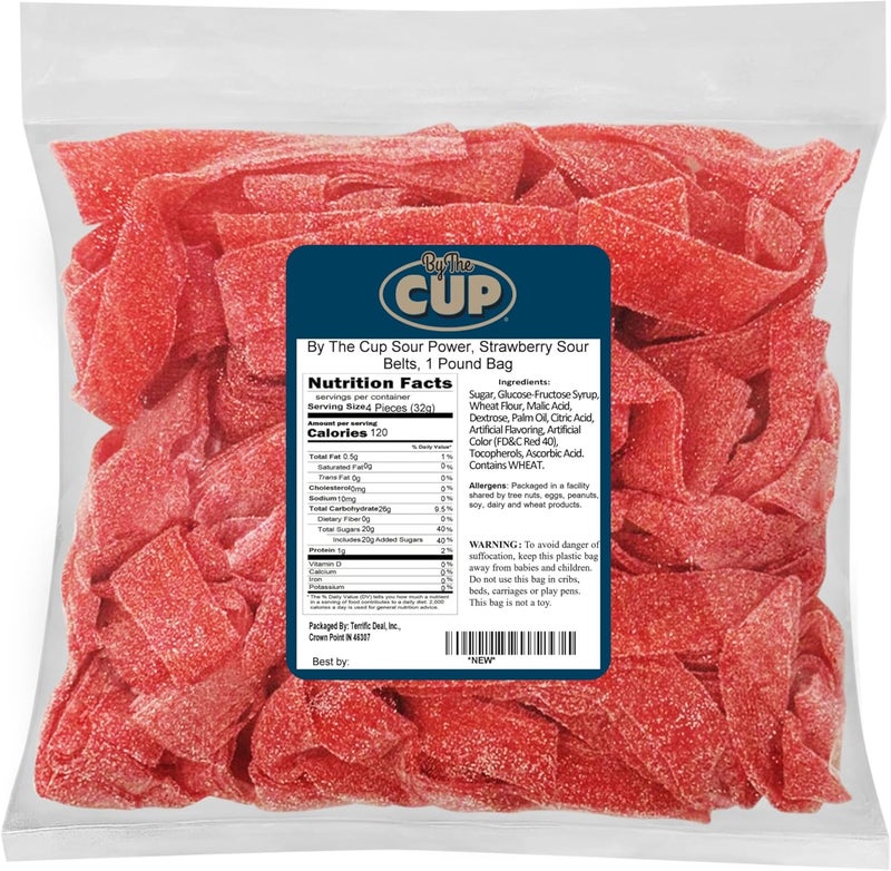 By The Cup Strawberry Sour Belts, 1 lb Bulk Bag - Chewy Sour Candy - Image 1