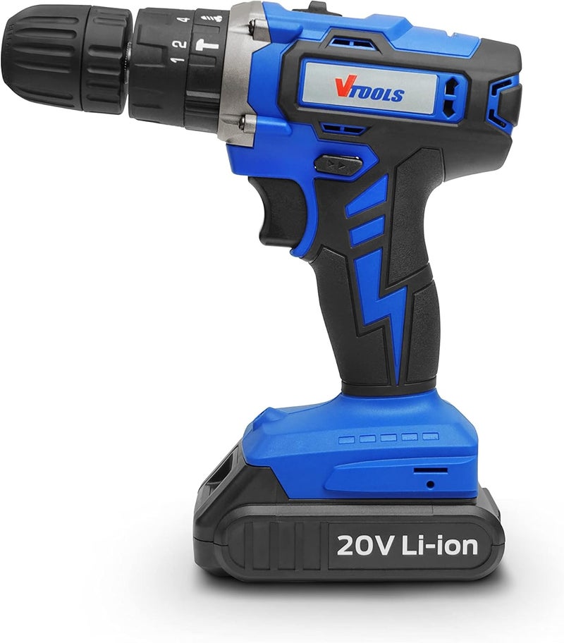 VTOOLS 20V Cordless Impact Drill With 2 Batteries & 1 Fast Charger, 2-Variable Speed, 10Mm Keyless Chuck, 18+1 Torque Setting, Bmc Case, Vt1211 - Image 3