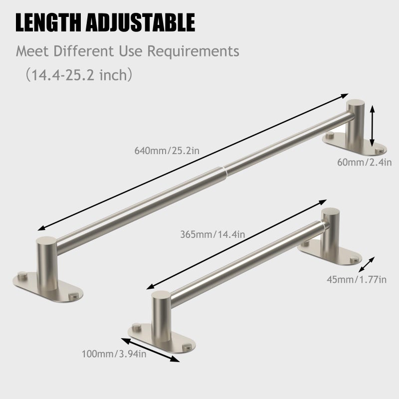 MIROAMZ Towel Bar, Adjustable 14.4inch - 25.2inch Towel Rack, Self Adhesive Wall Mounted for Bathroom Kitchen Hand Towel Holder Cloths Hanger 304 Stainless Steel Organizer Single Bar (Brushed Nickel) - Image 3