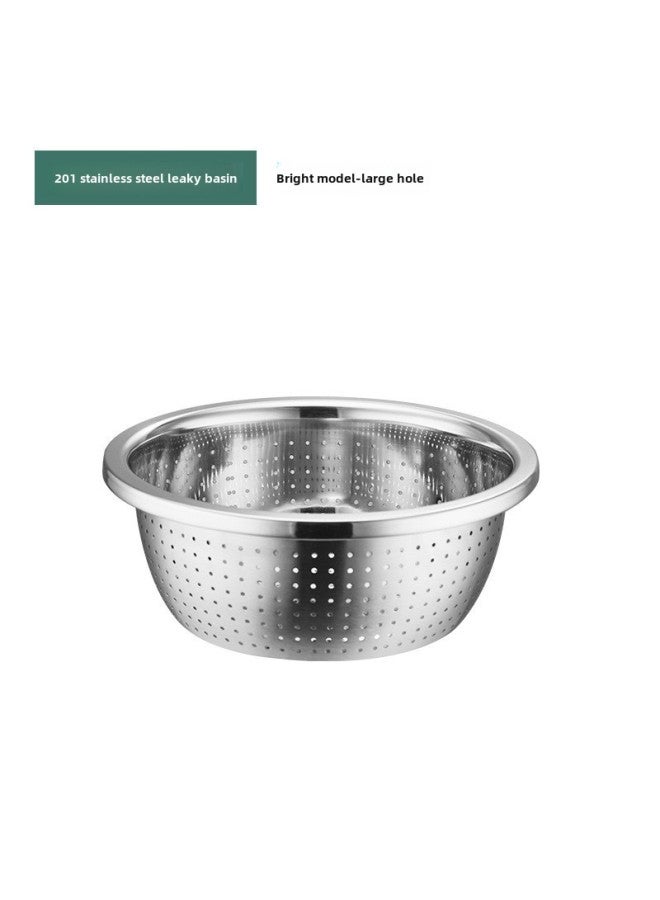 304 Stainless Steel Basin Reverse Side Seasoning Tank Vegetable Washing Basin Draining Basket Household Kitchen European Style And Basin-Specifications:Bright Rice Sieve (extra Thick Version)-Color:28CM