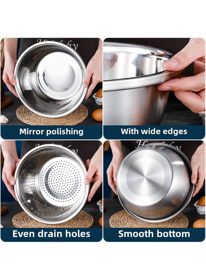 304 Stainless Steel Basin Reverse Side Seasoning Tank Vegetable Washing Basin Draining Basket Household Kitchen European Style And Basin-Specifications:Bright Rice Sieve (extra Thick Version)-Color:28CM