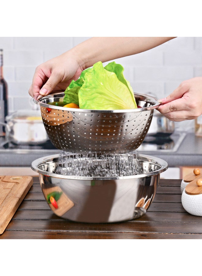 304 Stainless Steel Basin Reverse Side Seasoning Tank Vegetable Washing Basin Draining Basket Household Kitchen European Style And Basin-Specifications:Bright Rice Sieve (extra Thick Version)-Color:28CM
