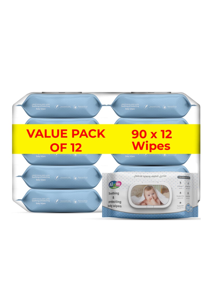All day wipes All Day Soothing & Protecting Baby Wet Wipes Blue-90 Count Infused with High Water Concentration, Aloe Vera to Calm and Protect Delicate Skin. ( Pack of 12 ) - Image 1