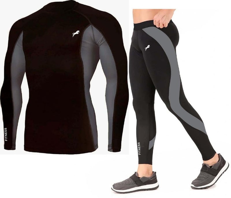 JUST RIDER Polyester Men's Sports Running Set Compression Shirt + Pants Skin-Tight Long Sleeves Quick Dry Fitness Sportswear Tracksuit Gym Yoga Suits (Set Of 2)(Medium), Black - Image 1