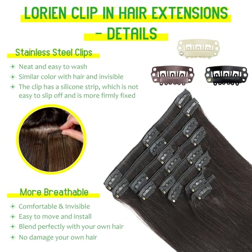LORIEN Clip in Hair Extensions Real Human Hair, 18 Inch 100g/3.6oz, 1B Natural Black, Clip in 100% Brazilian Remy Human Hair Extensions 8pcs Per Set with 18 Clips Double Weft - Image 4