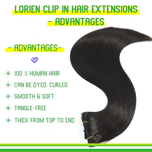 LORIEN Clip in Hair Extensions Real Human Hair, 18 Inch 100g/3.6oz, 1B Natural Black, Clip in 100% Brazilian Remy Human Hair Extensions 8pcs Per Set with 18 Clips Double Weft - Image 2