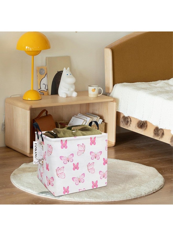 FANKANG Square Nursery Hamper Storage Bins Canvas Laundry Basket Foldable with Waterproof PE Coating Storage Baskets Gift Baskets for Children, Office, Bedroom, Clothes（Square-pink butterfly ） - Image 5