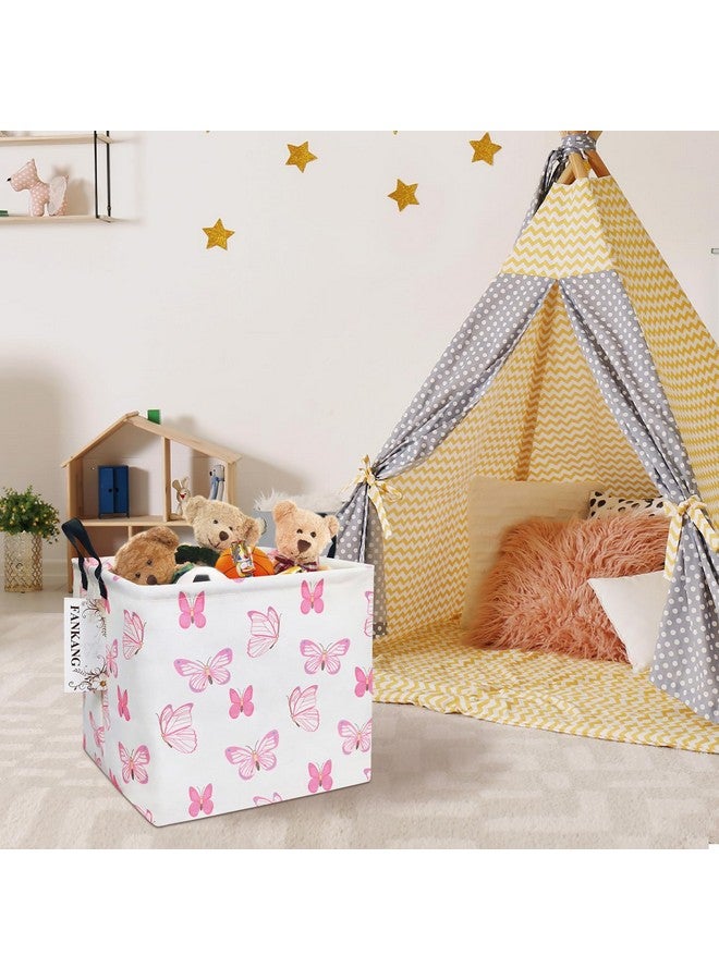 FANKANG Square Nursery Hamper Storage Bins Canvas Laundry Basket Foldable with Waterproof PE Coating Storage Baskets Gift Baskets for Children, Office, Bedroom, Clothes（Square-pink butterfly ） - Image 4