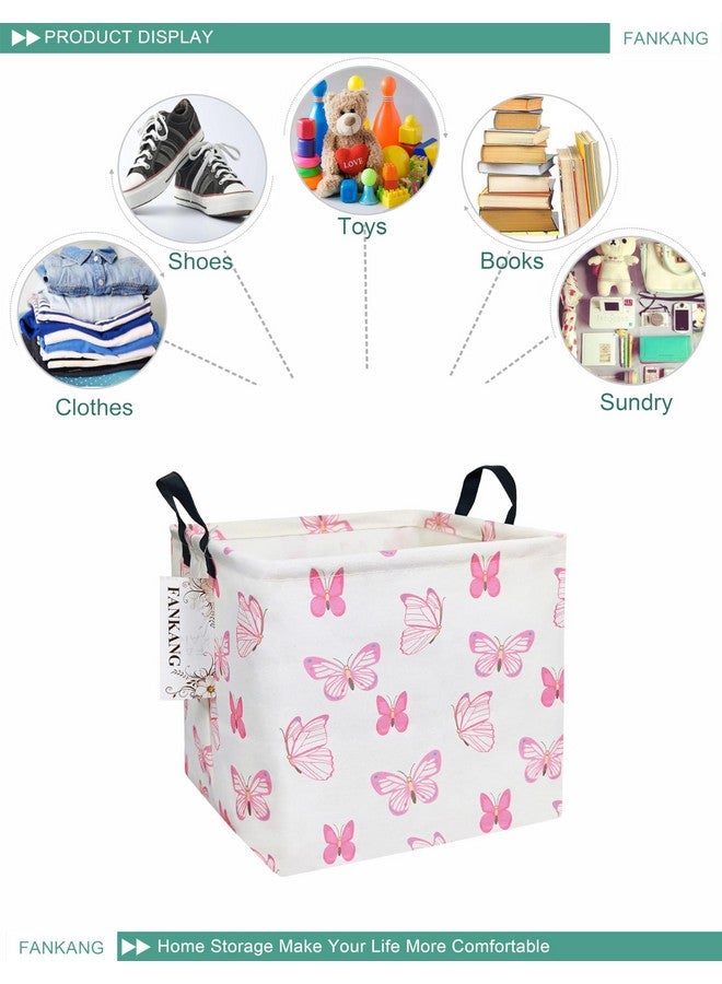 FANKANG Square Nursery Hamper Storage Bins Canvas Laundry Basket Foldable with Waterproof PE Coating Storage Baskets Gift Baskets for Children, Office, Bedroom, Clothes（Square-pink butterfly ） - Image 3
