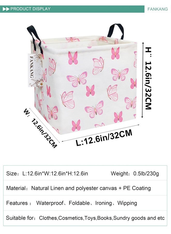 FANKANG Square Nursery Hamper Storage Bins Canvas Laundry Basket Foldable with Waterproof PE Coating Storage Baskets Gift Baskets for Children, Office, Bedroom, Clothes（Square-pink butterfly ） - Image 2