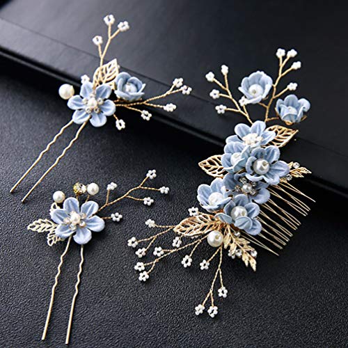 NUOBESTY 4 Pcs Wedding Hair Comb Rhinestones Crystal Floral Bridal Hair Clips Hair Pin Hair Jewelry for Wedding Dress Accessories -Blue - Image 2