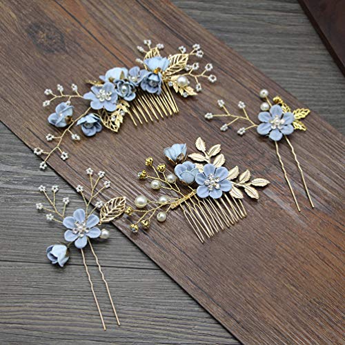 NUOBESTY 4 Pcs Wedding Hair Comb Rhinestones Crystal Floral Bridal Hair Clips Hair Pin Hair Jewelry for Wedding Dress Accessories -Blue - Image 5