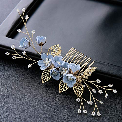 NUOBESTY 4 Pcs Wedding Hair Comb Rhinestones Crystal Floral Bridal Hair Clips Hair Pin Hair Jewelry for Wedding Dress Accessories -Blue - Image 4