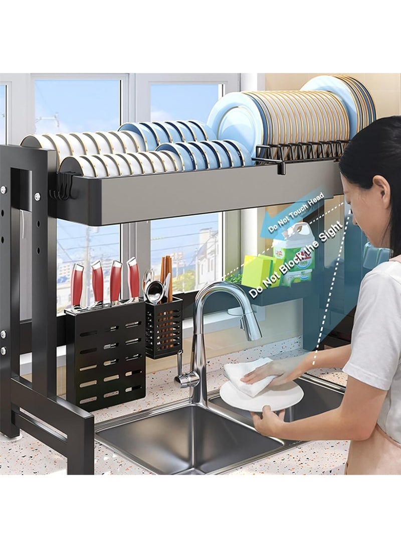 كادي ون رف تجفيف الاطباق شديد التحمل فوق الحوض قابل للتعديل بطول 64-100 سم، حامل تجفيف الاطباق من طبقتين من الستانلس ستيل غير قابل للانزلاق مع حامل أدوات لتنظيم سطح المطبخ - Image 5