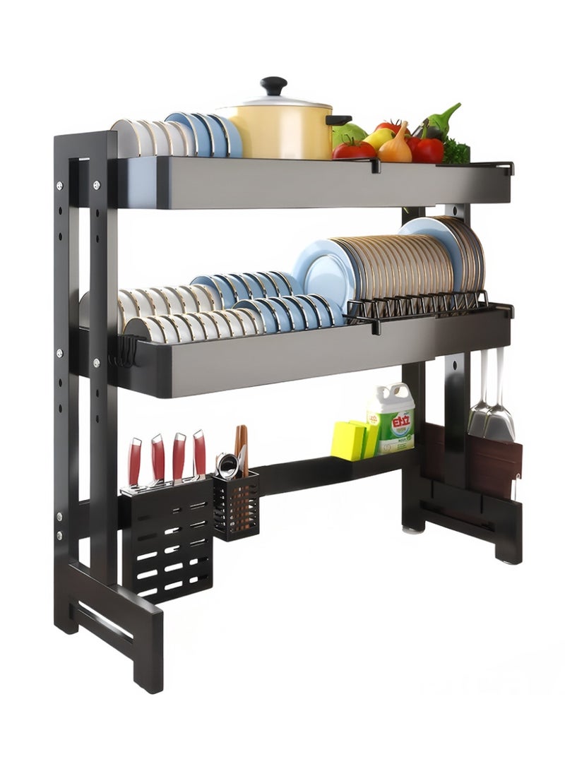 كادي ون رف تجفيف الاطباق شديد التحمل فوق الحوض قابل للتعديل بطول 64-100 سم، حامل تجفيف الاطباق من طبقتين من الستانلس ستيل غير قابل للانزلاق مع حامل أدوات لتنظيم سطح المطبخ - Image 1