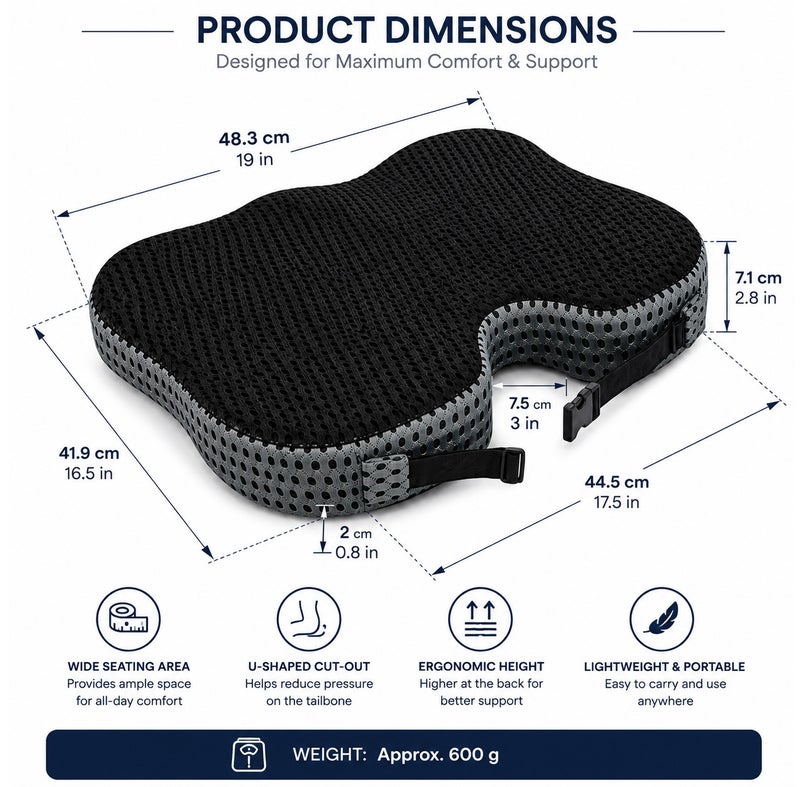 Texture Paris Orthopedic Memory Foam Seat Cushion for Office Chair, Car Seat & Wheelchair, U-Shaped Coccyx Support Pillow with Breathable 4D Air Mesh Cover, Non-Slip Base, Adjustable Strap, Black/Grey - Image 2