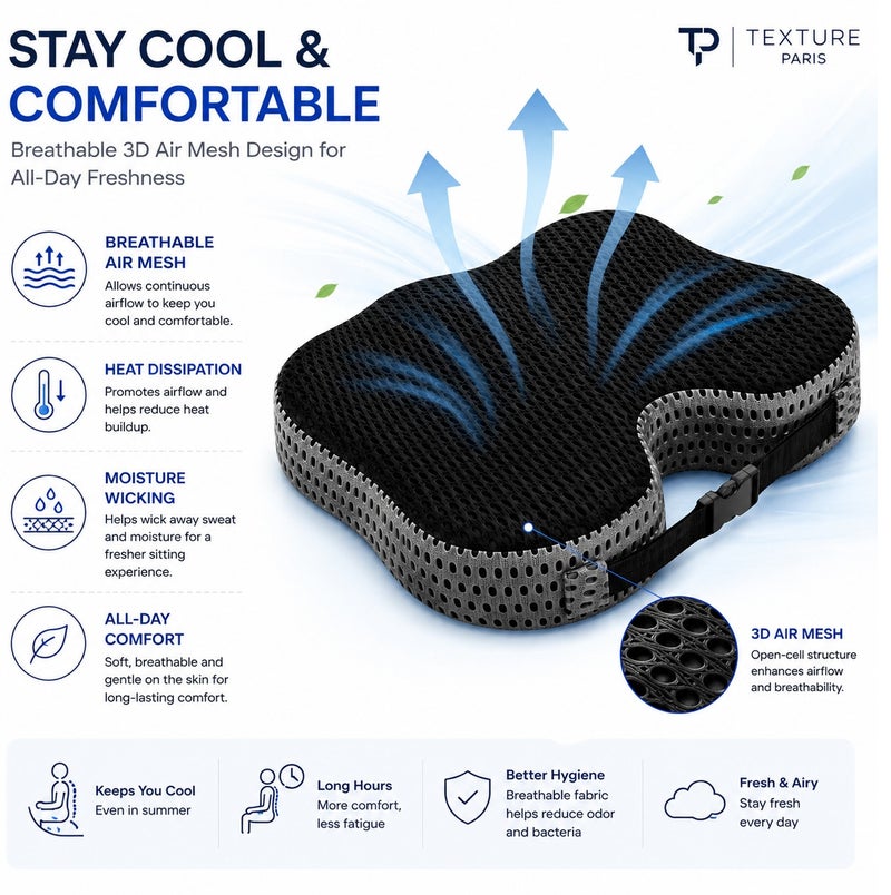 Texture Paris Orthopedic Memory Foam Seat Cushion for Office Chair, Car Seat & Wheelchair, U-Shaped Coccyx Support Pillow with Breathable 4D Air Mesh Cover, Non-Slip Base, Adjustable Strap, Black/Grey - Image 5