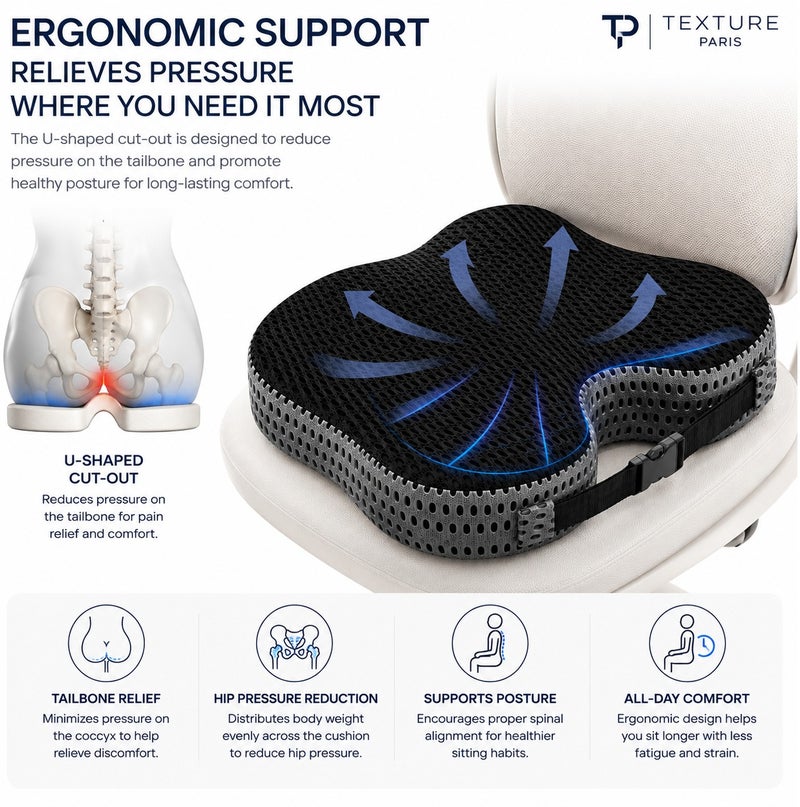 Texture Paris Orthopedic Memory Foam Seat Cushion for Office Chair, Car Seat & Wheelchair, U-Shaped Coccyx Support Pillow with Breathable 4D Air Mesh Cover, Non-Slip Base, Adjustable Strap, Black/Grey - Image 4