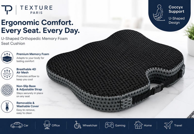 Texture Paris Orthopedic Memory Foam Seat Cushion for Office Chair, Car Seat & Wheelchair, U-Shaped Coccyx Support Pillow with Breathable 4D Air Mesh Cover, Non-Slip Base, Adjustable Strap, Black/Grey - Image 3