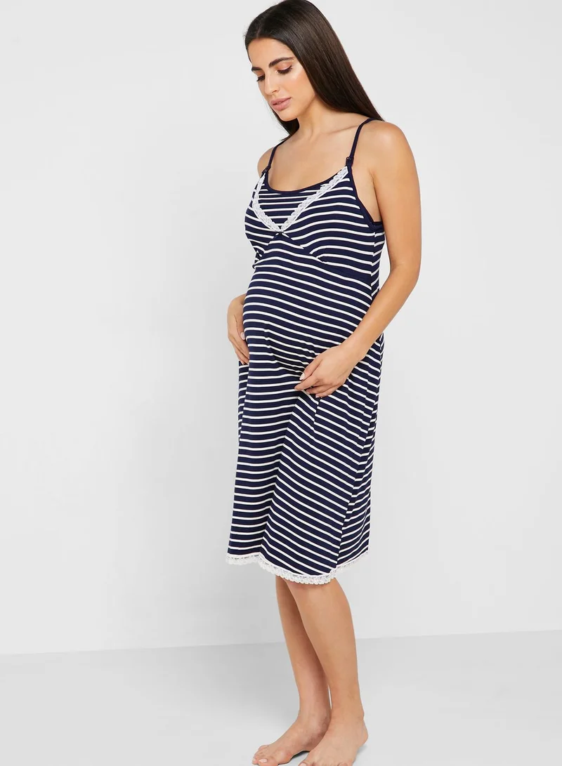 JoJo Maman Bebe Lace Trim Striped Maternity Night Dress