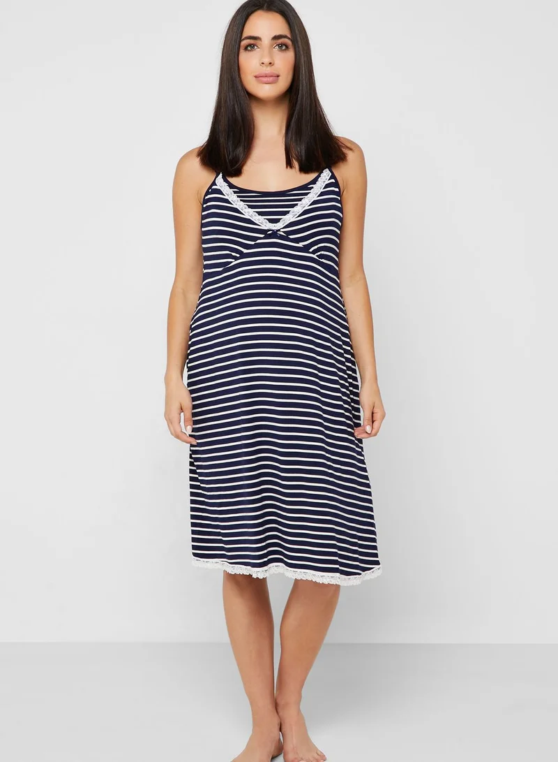 JoJo Maman Bebe Lace Trim Striped Maternity Night Dress