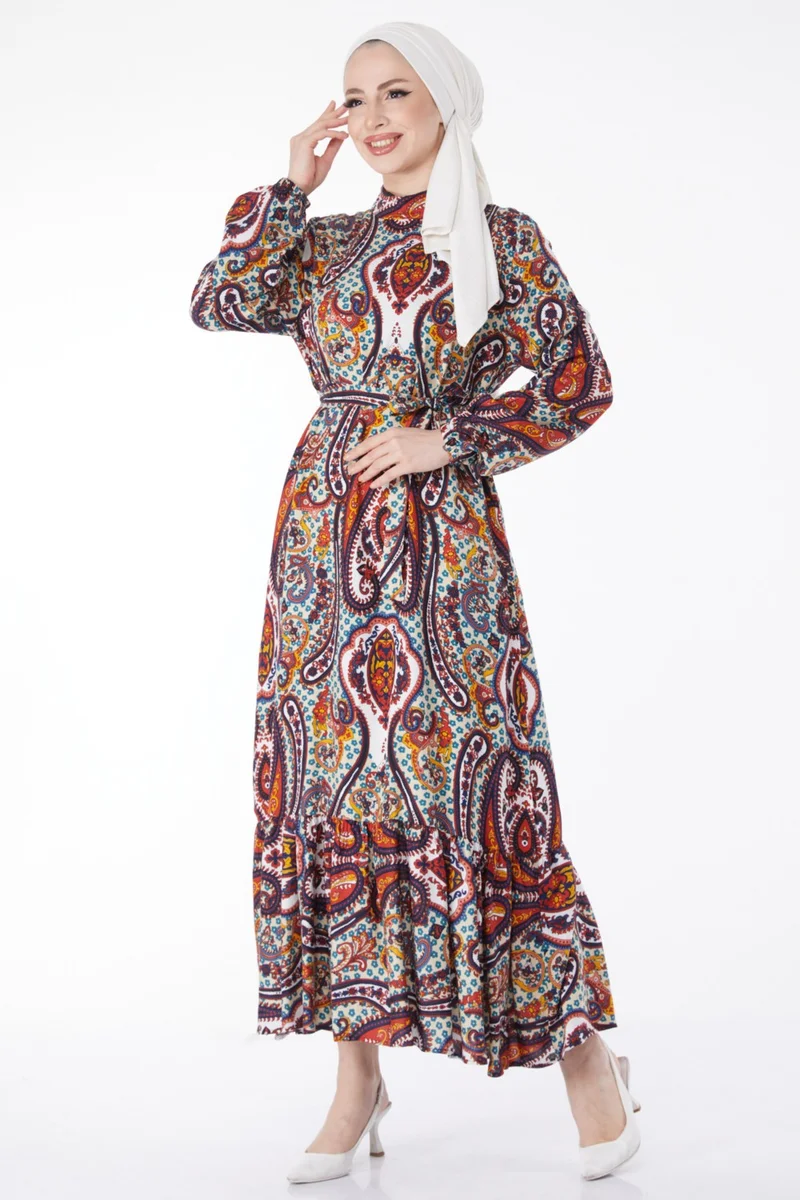 Tofisa Plain Judge Collar Women's Yellow Belted Patterned Dress - 24860