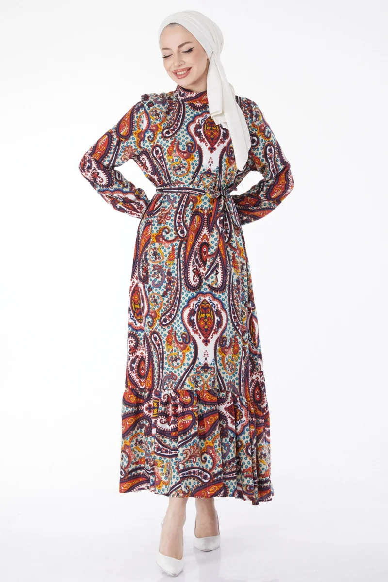 Tofisa Plain Judge Collar Women's Yellow Belted Patterned Dress - 24860