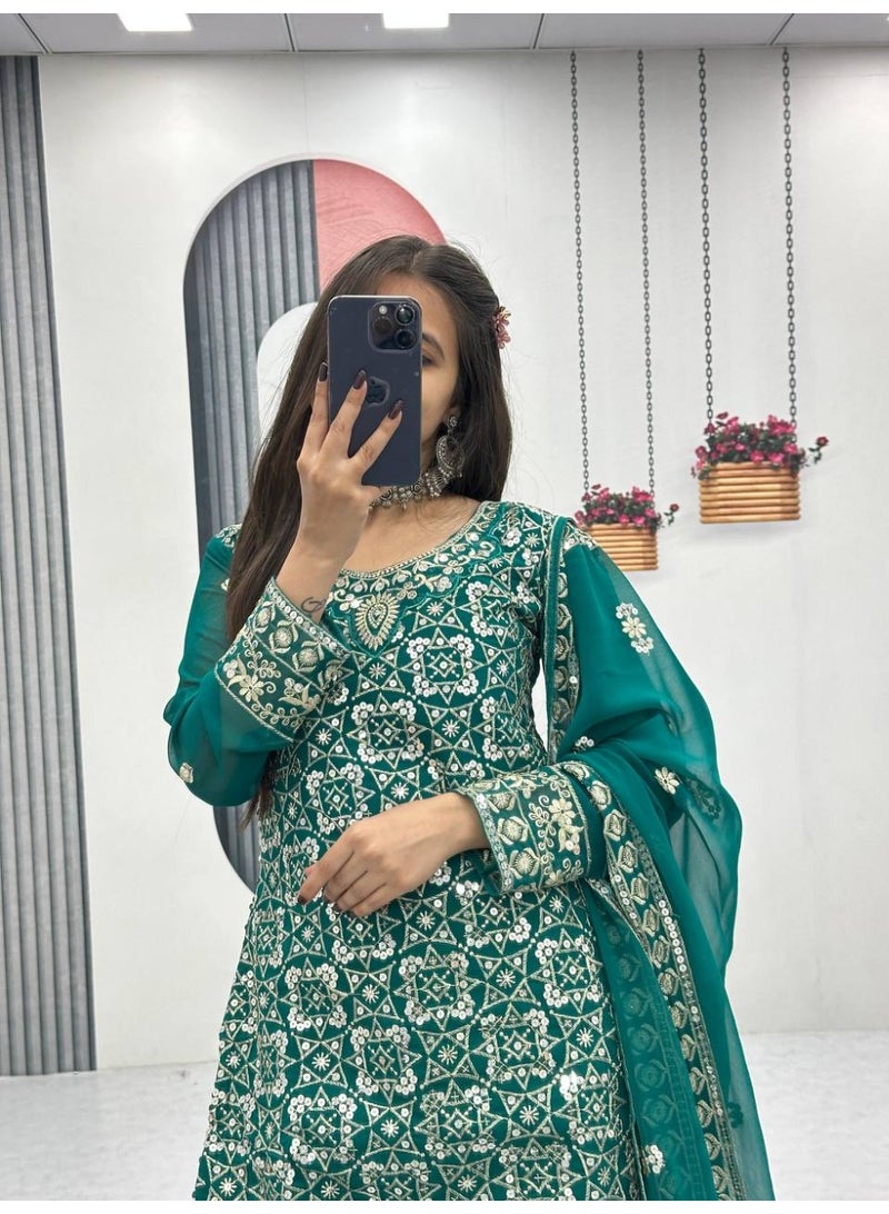 Super Asian Elegant Faux Georgette Embroidered Sharara Set with Dupatta – Fully Stitched  - Image 4