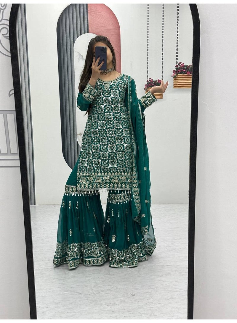 Super Asian Elegant Faux Georgette Embroidered Sharara Set with Dupatta – Fully Stitched  - Image 2