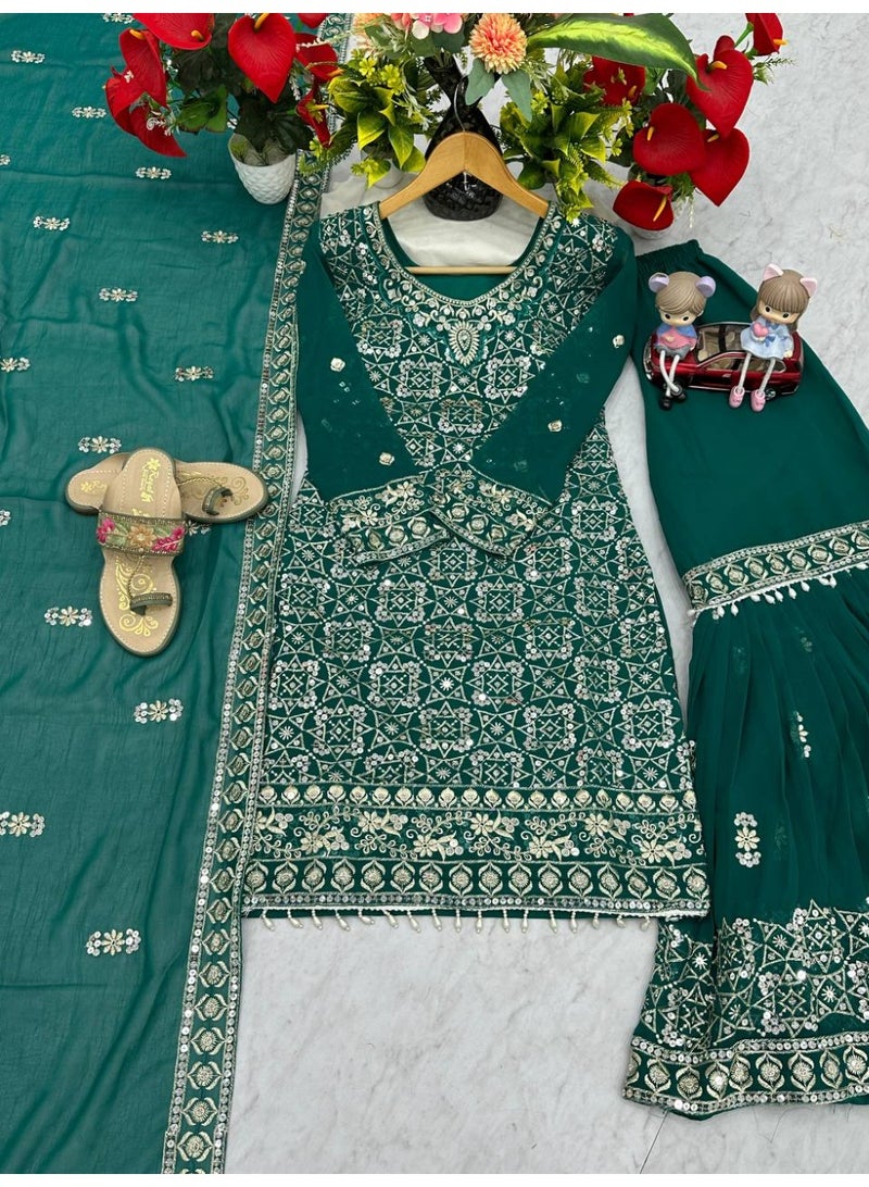 Super Asian Elegant Faux Georgette Embroidered Sharara Set with Dupatta – Fully Stitched  - Image 1