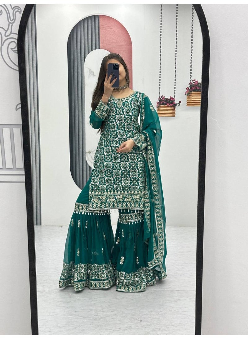 Super Asian Elegant Faux Georgette Embroidered Sharara Set with Dupatta – Fully Stitched  - Image 3
