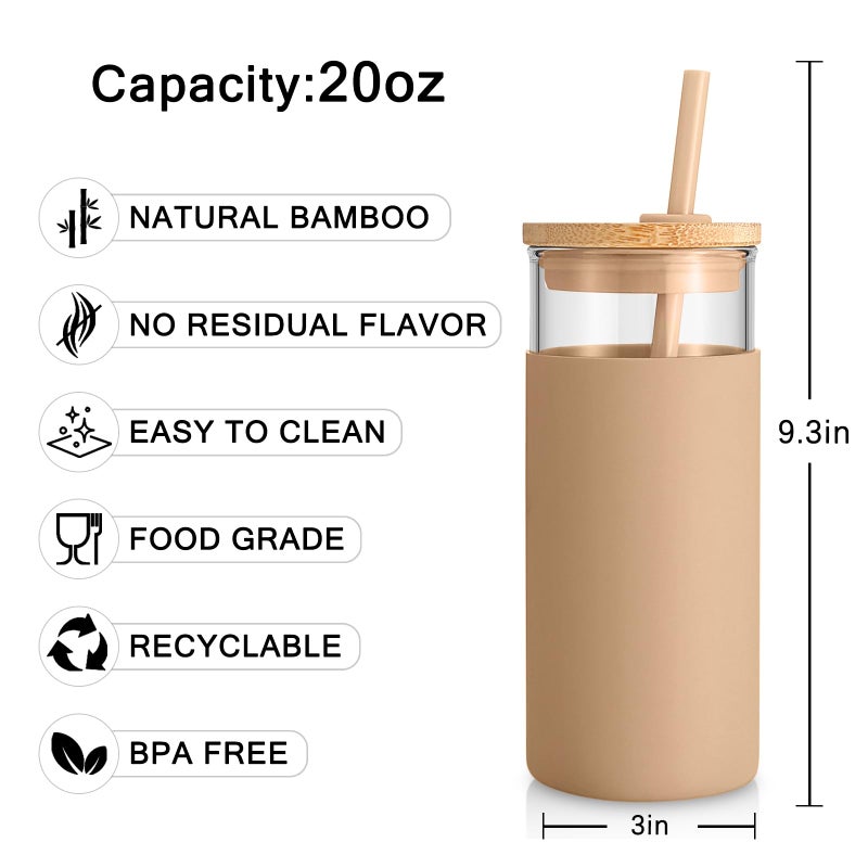 Tronco 20 oz Glass Tumbler with Lid and Straw, Iced Coffee Cup and Smoothie Cup with Bamboo Lids & Protective Silicone Sleeve, Dishwasher Safe, BPA-Free, Glass Cup 1 Pack - Image 3