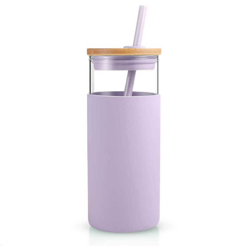 Tronco 20 oz Glass Tumbler with Lid and Straw, Iced Coffee Cup and Smoothie Cup with Bamboo Lids & Protective Silicone Sleeve, Dishwasher Safe, BPA-Free, Glass Cup 1 Pack - Image 1