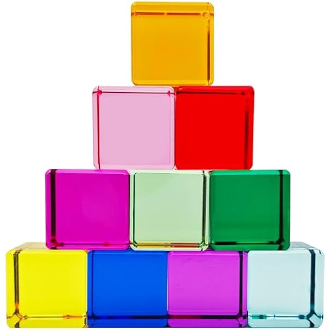 PACK OF 10 RAINBOW ACRYLIC BUILDING BLOCKS, COLOURFUL GEMSTONE CUBES, LIGHTWEIGHT BUILDING BLOCKS, STACKING TOY, EDUCATIONAL TOY FOR CHILDREN FROM 3 YEARS - Image 1
