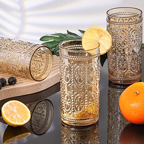 Darlion 6 Pack Highball Beverage Glass Cup, 12oz Amber Glassware Drinking, Vintage Embossed Drinking Glasses, Old Fashioned Glass for Party Wedding Home Office and Gift - Image 5