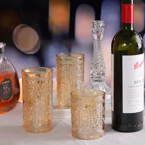Darlion 6 Pack Highball Beverage Glass Cup, 12oz Amber Glassware Drinking, Vintage Embossed Drinking Glasses, Old Fashioned Glass for Party Wedding Home Office and Gift - Image 3