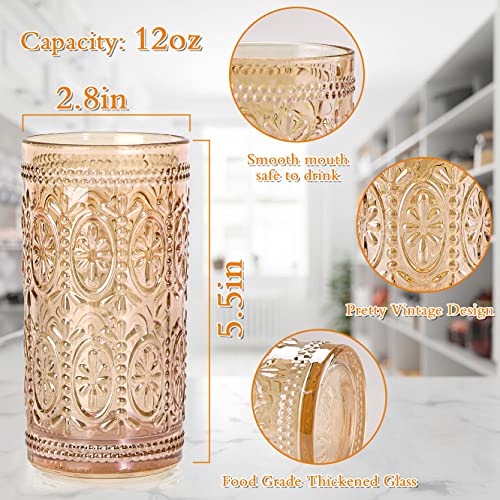 Darlion 6 Pack Highball Beverage Glass Cup, 12oz Amber Glassware Drinking, Vintage Embossed Drinking Glasses, Old Fashioned Glass for Party Wedding Home Office and Gift - Image 2