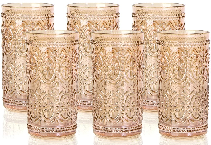 Darlion 6 Pack Highball Beverage Glass Cup, 12oz Amber Glassware Drinking, Vintage Embossed Drinking Glasses, Old Fashioned Glass for Party Wedding Home Office and Gift - Image 1