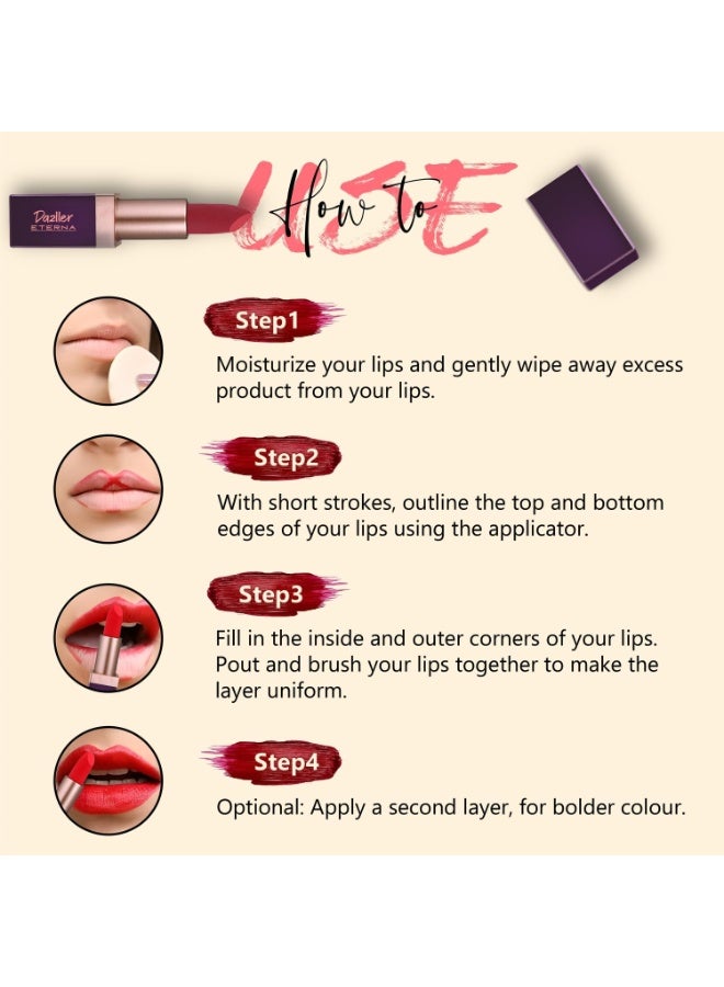 Dazller Eterna Lip Eleganz Lipstick, Matte, Smudge-proof, Feather-proof, With Herbal Extracts, 4g, M1030 - Dark Melon - Image 3