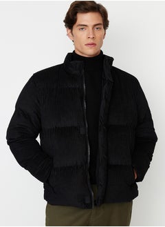 Black Regular Fit Stand Collar Corduroy Puffer Winter Coat TMNAW22MO0182