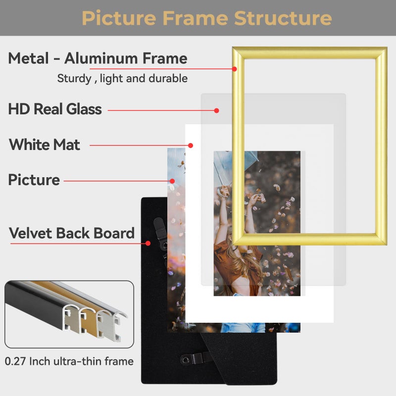 Fkvat 3x4 Picture Frame Set of 3  Matte Gold Modern Thin Aluminum Metal Photo Frame with HD Glass  Fits 2x3 with Mat or 3 x 4 without Mat  for Tabletop and Wall Mounting - Image 3