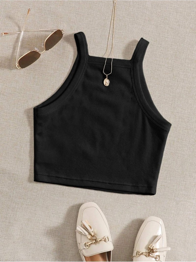 Liona Straight Neck Strap Black Color Ribbed Crop Top Bustier - Image 1