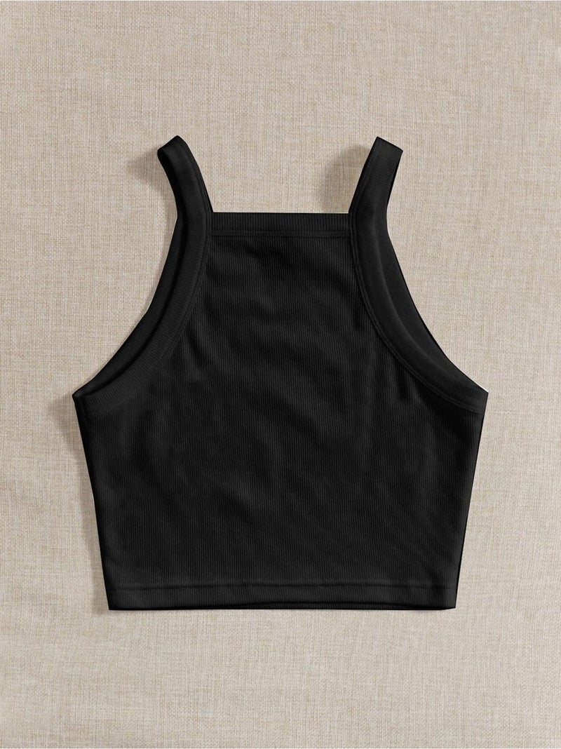 Liona Straight Neck Strap Black Color Ribbed Crop Top Bustier - Image 2