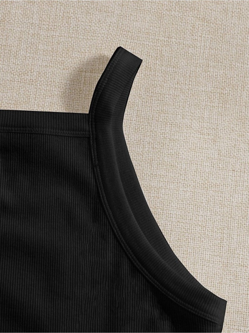 Liona Straight Neck Strap Black Color Ribbed Crop Top Bustier - Image 3