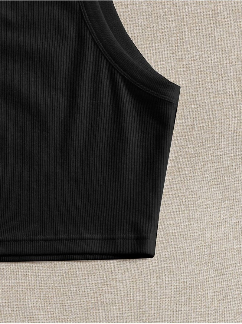 Liona Straight Neck Strap Black Color Ribbed Crop Top Bustier - Image 4