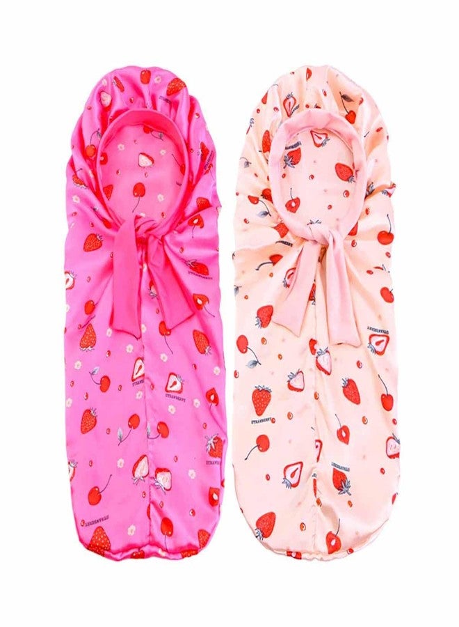YeeMan 2PCS Girls Unicorn Hair Bonnet for Sleeping,Extra Long Satin Bonnet with Elastic Tie Band for Kids Braids Curly Hair (US, Alpha, One Size, Hot Pink Strawberry+Beige Strawberry) - Image 2