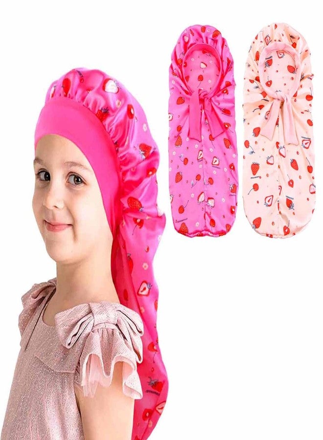 YeeMan 2PCS Girls Unicorn Hair Bonnet for Sleeping,Extra Long Satin Bonnet with Elastic Tie Band for Kids Braids Curly Hair (US, Alpha, One Size, Hot Pink Strawberry+Beige Strawberry) - Image 1