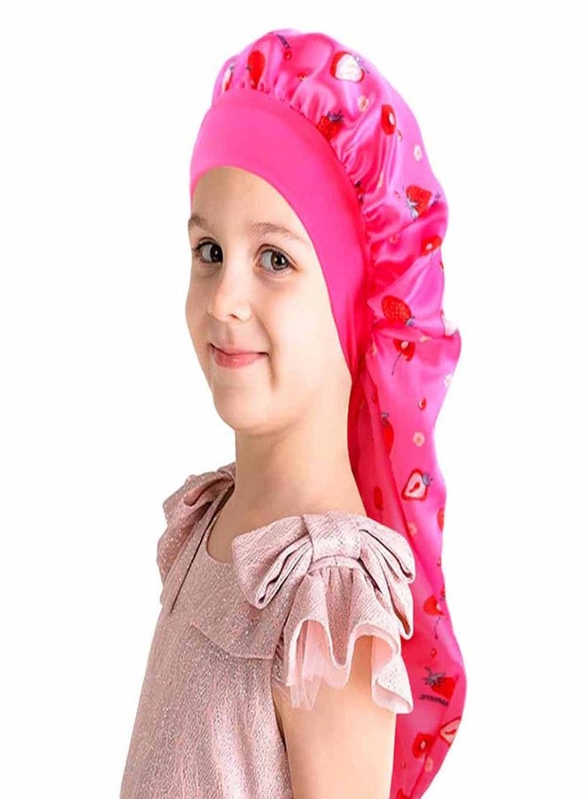 YeeMan 2PCS Girls Unicorn Hair Bonnet for Sleeping,Extra Long Satin Bonnet with Elastic Tie Band for Kids Braids Curly Hair (US, Alpha, One Size, Hot Pink Strawberry+Beige Strawberry) - Image 3