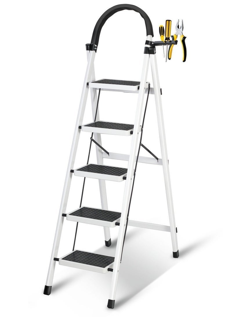Apexll Sturdy 5-Step Folding Ladder with Tool Holder, Anti-Slip Pedal, Portable Iron Step Stool for Kitchen, Household, Indoor & Outdoor Use - Image 1