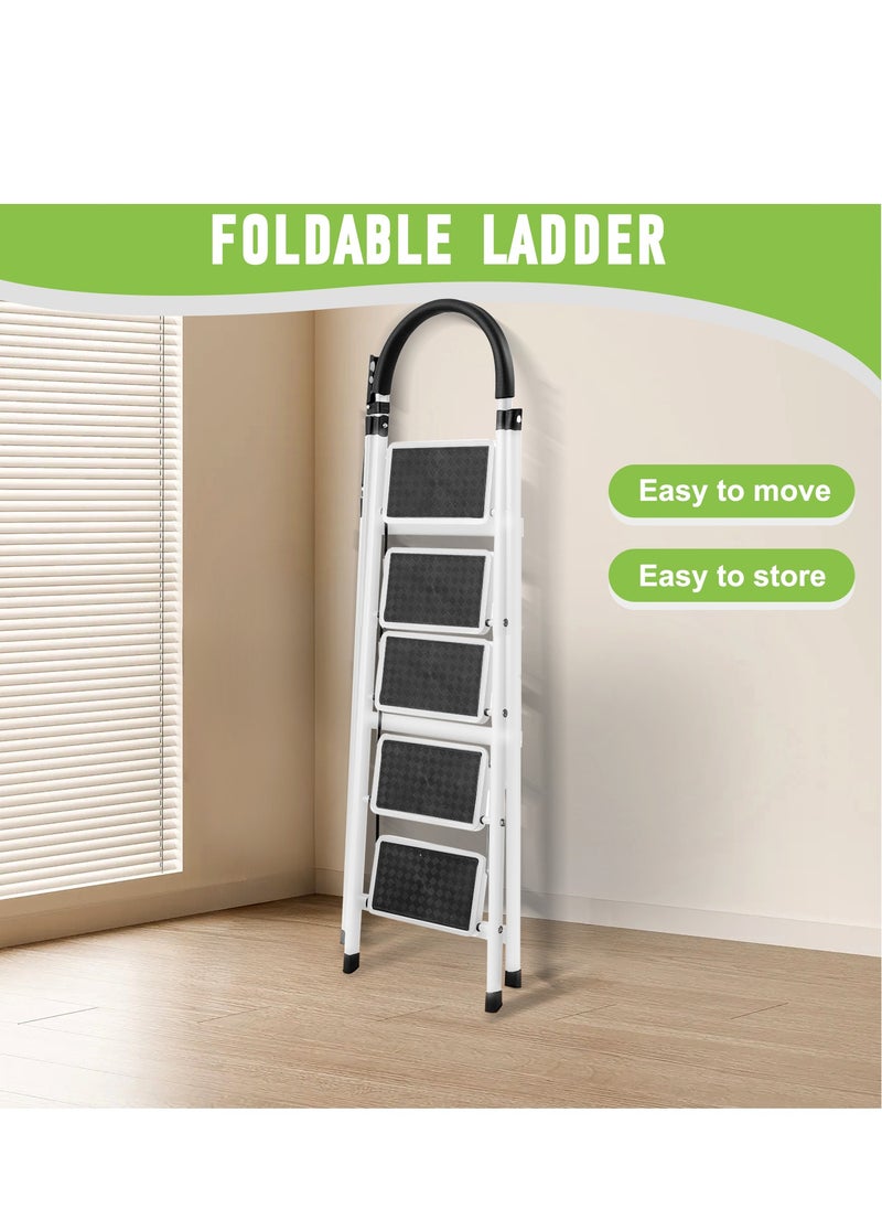 Bentifar - Sturdy 5-Step Folding Ladder with Tool Holder, Anti-Slip Pedal, Portable Iron Step Stool for Kitchen, Household, Indoor & Outdoor Use - Image 1